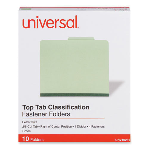 Image of Universal® Four-Section Pressboard Classification Folders, 2" Expansion, 1 Divider, 4 Fasteners, Letter Size, Green Exterior, 10/Box