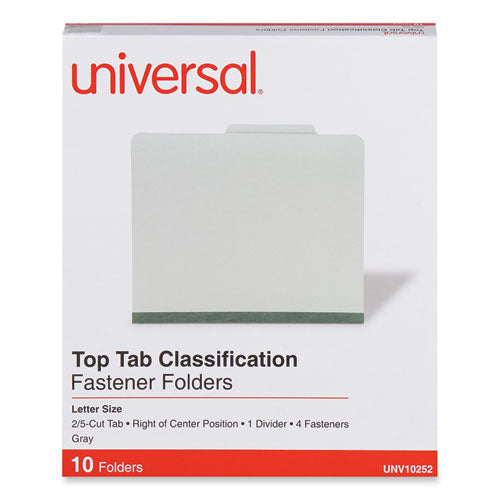 Image of Universal® Four-Section Pressboard Classification Folders, 2" Expansion, 1 Divider, 4 Fasteners, Letter Size, Gray Exterior, 10/Box