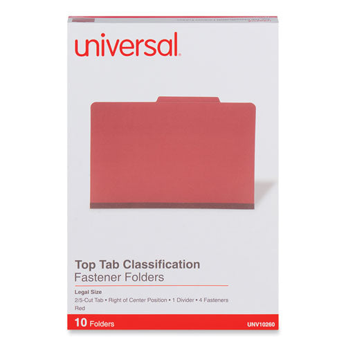 Image of Universal® Four-Section Pressboard Classification Folders, 2" Expansion, 1 Divider, 4 Fasteners, Legal Size, Red Exterior, 10/Box