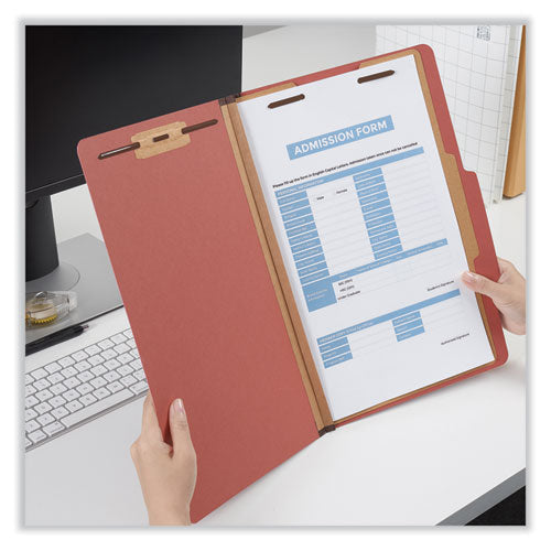 Image of Universal® Four-Section Pressboard Classification Folders, 2" Expansion, 1 Divider, 4 Fasteners, Legal Size, Red Exterior, 10/Box