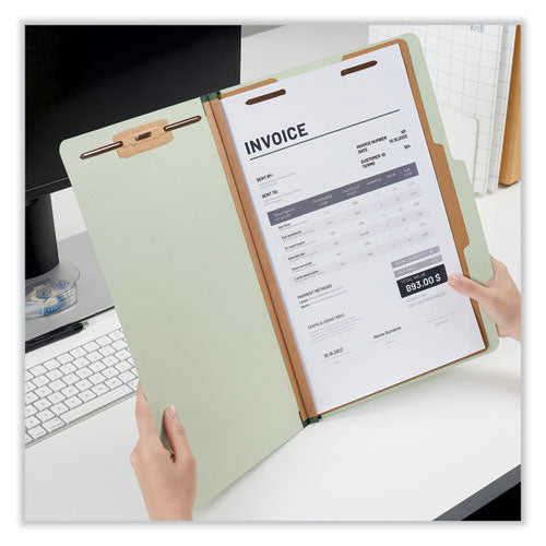 Image of Universal® Four-Section Pressboard Classification Folders, 2" Expansion, 1 Divider, 4 Fasteners, Legal Size, Green Exterior, 10/Box