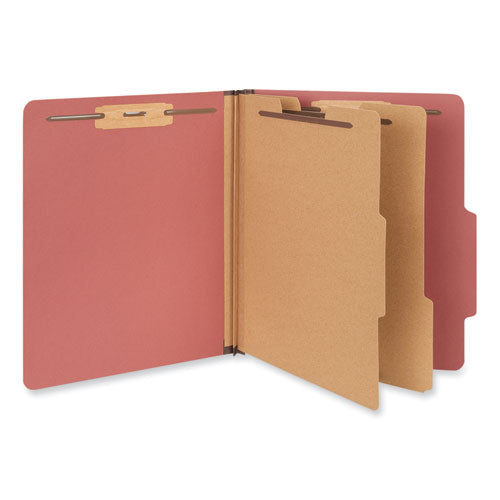Image of Universal® Six-Section Pressboard Classification Folders, 2" Expansion, 2 Dividers, 6 Fasteners, Letter Size, Red Exterior, 10/Box