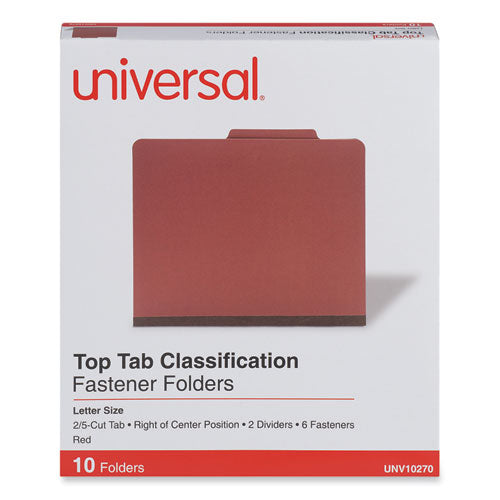 Image of Universal® Six-Section Pressboard Classification Folders, 2" Expansion, 2 Dividers, 6 Fasteners, Letter Size, Red Exterior, 10/Box