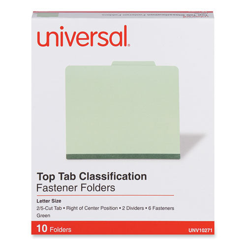 Image of Universal® Six-Section Pressboard Classification Folders, 2" Expansion, 2 Dividers, 6 Fasteners, Letter Size, Green Exterior, 10/Box