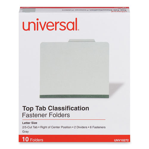 Image of Universal® Six-Section Pressboard Classification Folders, 2" Expansion, 2 Dividers, 6 Fasteners, Letter Size, Gray Exterior, 10/Box