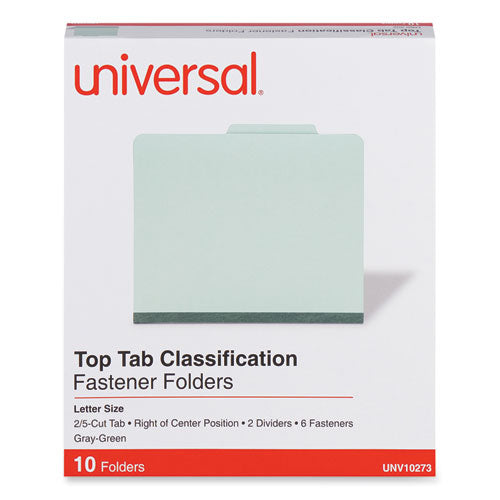Image of Universal® Six-Section Pressboard Classification Folders, 2" Expansion, 2 Dividers, 6 Fasteners, Letter Size, Gray-Green, 10/Box