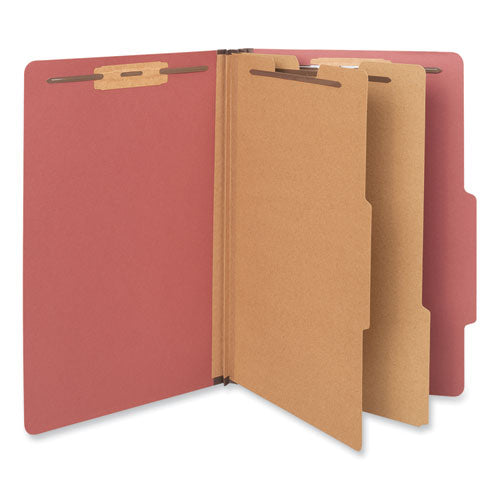 Image of Universal® Six-Section Pressboard Classification Folders, 2" Expansion, 2 Dividers, 6 Fasteners, Legal Size, Red Exterior, 10/Box