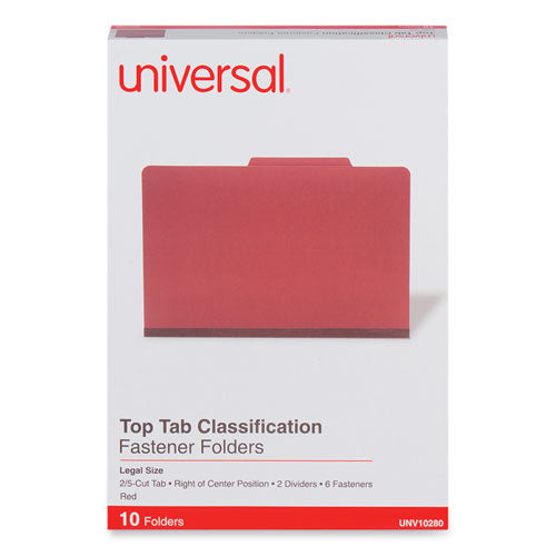 Image of Universal® Six-Section Pressboard Classification Folders, 2" Expansion, 2 Dividers, 6 Fasteners, Legal Size, Red Exterior, 10/Box