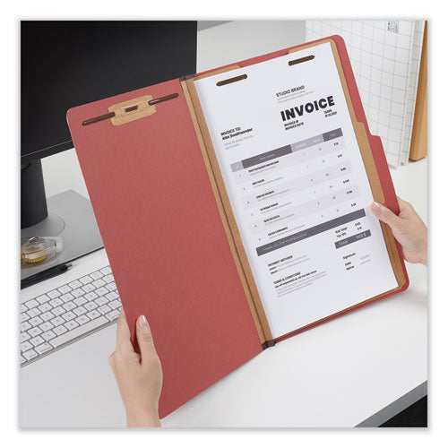 Image of Universal® Six-Section Pressboard Classification Folders, 2" Expansion, 2 Dividers, 6 Fasteners, Legal Size, Red Exterior, 10/Box