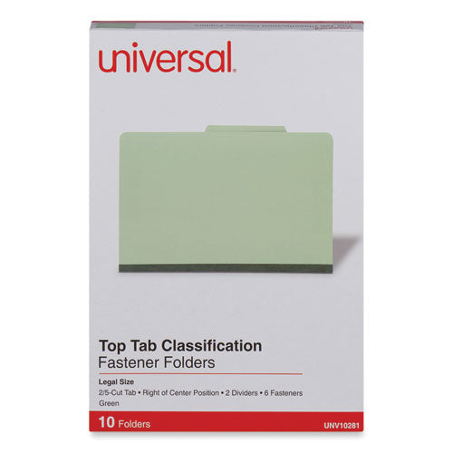Image of Universal® Six-Section Pressboard Classification Folders, 2" Expansion, 2 Dividers, 6 Fasteners, Legal Size, Green Exterior, 10/Box