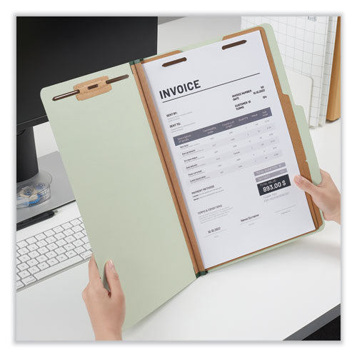 Image of Universal® Six-Section Pressboard Classification Folders, 2" Expansion, 2 Dividers, 6 Fasteners, Legal Size, Green Exterior, 10/Box