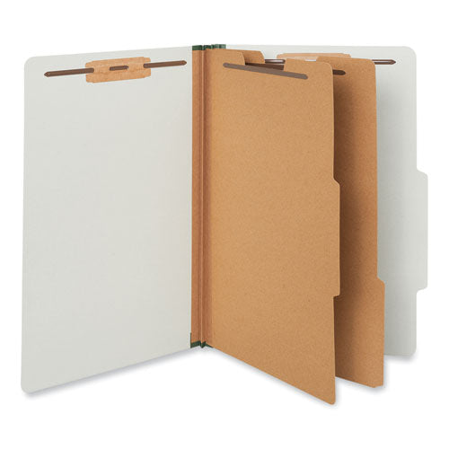 Image of Universal® Six-Section Pressboard Classification Folders, 2" Expansion, 2 Dividers, 6 Fasteners, Legal Size, Gray Exterior, 10/Box