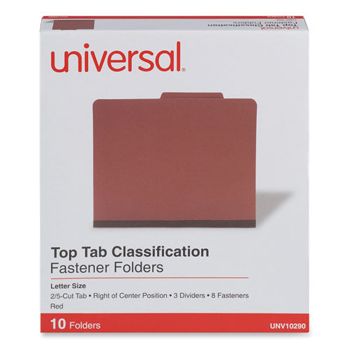 Image of Universal® Eight-Section Pressboard Classification Folders, 3" Expansion, 3 Dividers, 8 Fasteners, Letter Size, Red Exterior, 10/Box