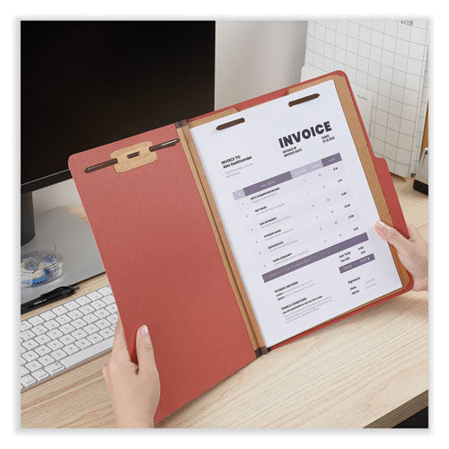 Image of Universal® Eight-Section Pressboard Classification Folders, 3" Expansion, 3 Dividers, 8 Fasteners, Letter Size, Red Exterior, 10/Box