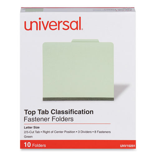 Image of Universal® Eight-Section Pressboard Classification Folders, 3" Expansion, 3 Dividers, 8 Fasteners, Letter Size, Green Exterior, 10/Box