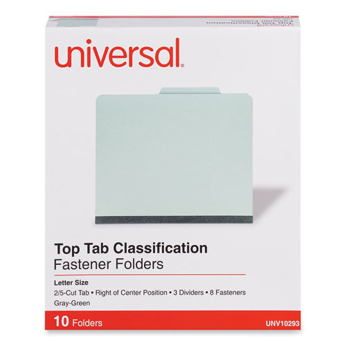 Image of Universal® Eight-Section Pressboard Classification Folders, 3" Expansion, 3 Dividers, 8 Fasteners, Letter Size, Gray-Green, 10/Box