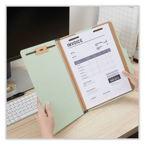 Image of Universal® Eight-Section Pressboard Classification Folders, 3" Expansion, 3 Dividers, 8 Fasteners, Letter Size, Gray-Green, 10/Box