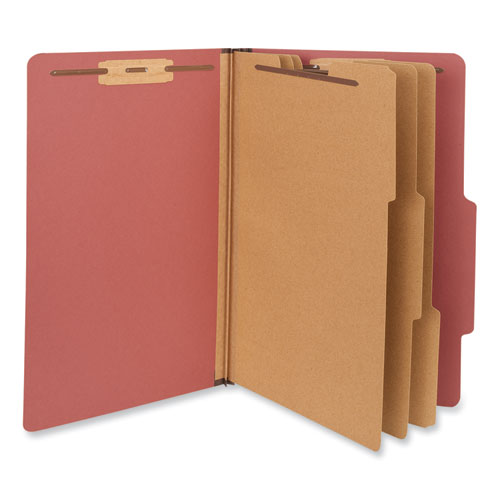Image of Universal® Eight-Section Pressboard Classification Folders, 3" Expansion, 3 Dividers, 8 Fasteners, Legal Size, Red Exterior, 10/Box
