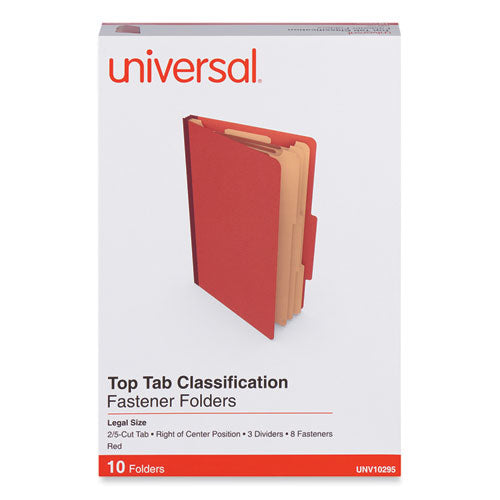 Image of Universal® Eight-Section Pressboard Classification Folders, 3" Expansion, 3 Dividers, 8 Fasteners, Legal Size, Red Exterior, 10/Box