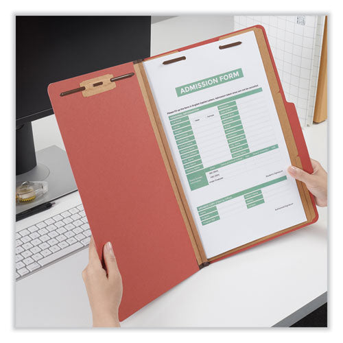 Image of Universal® Eight-Section Pressboard Classification Folders, 3" Expansion, 3 Dividers, 8 Fasteners, Legal Size, Red Exterior, 10/Box