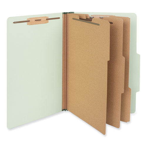 Image of Universal® Eight-Section Pressboard Classification Folders, 3" Expansion, 3 Dividers, 8 Fasteners, Legal Size, Green Exterior, 10/Box
