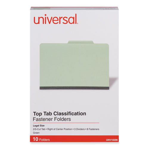 Image of Universal® Eight-Section Pressboard Classification Folders, 3" Expansion, 3 Dividers, 8 Fasteners, Legal Size, Green Exterior, 10/Box