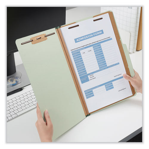 Image of Universal® Eight-Section Pressboard Classification Folders, 3" Expansion, 3 Dividers, 8 Fasteners, Legal Size, Green Exterior, 10/Box