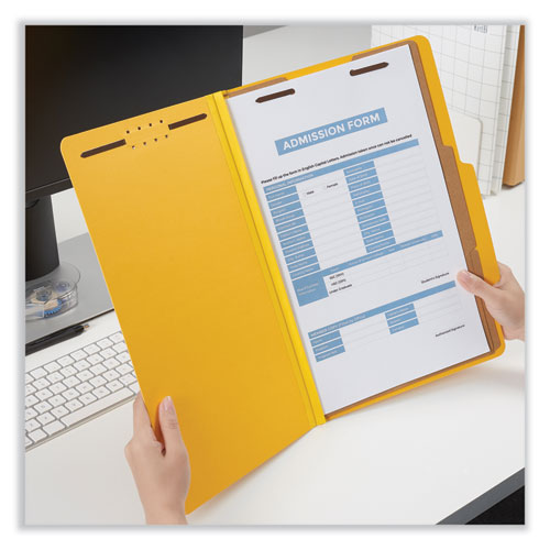Image of Universal® Bright Colored Pressboard Classification Folders, 2" Expansion, 2 Dividers, 6 Fasteners, Legal Size, Yellow Exterior, 10/Box