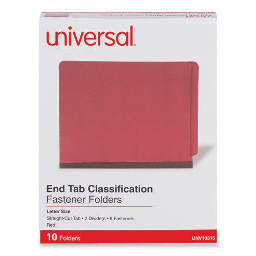 Image of Universal® Red Pressboard End Tab Classification Folders, 2" Expansion, 2 Dividers, 6 Fasteners, Letter Size, Red Exterior, 10/Box