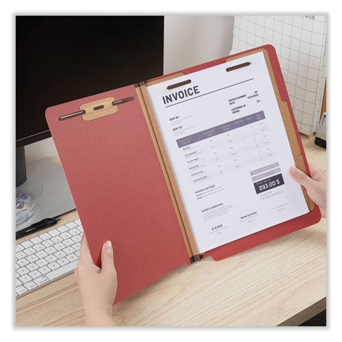 Image of Universal® Red Pressboard End Tab Classification Folders, 2" Expansion, 2 Dividers, 6 Fasteners, Letter Size, Red Exterior, 10/Box