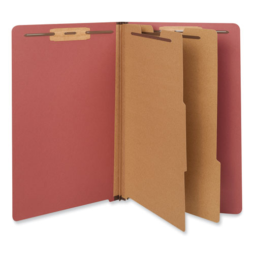 Image of Universal® Red Pressboard End Tab Classification Folders, 2" Expansion, 2 Dividers, 6 Fasteners, Legal Size, Red Exterior, 10/Box