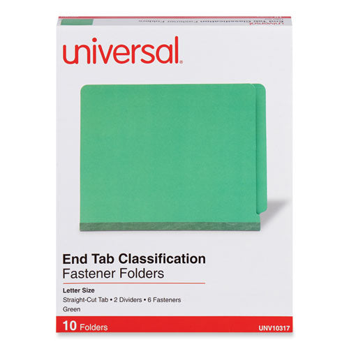 Image of Universal® Deluxe Six-Section Pressboard End Tab Classification Folders, 2 Dividers, 6 Fasteners, Letter Size, Green, 10/Box