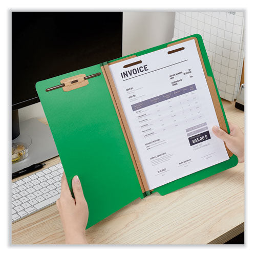 Image of Universal® Deluxe Six-Section Pressboard End Tab Classification Folders, 2 Dividers, 6 Fasteners, Letter Size, Green, 10/Box