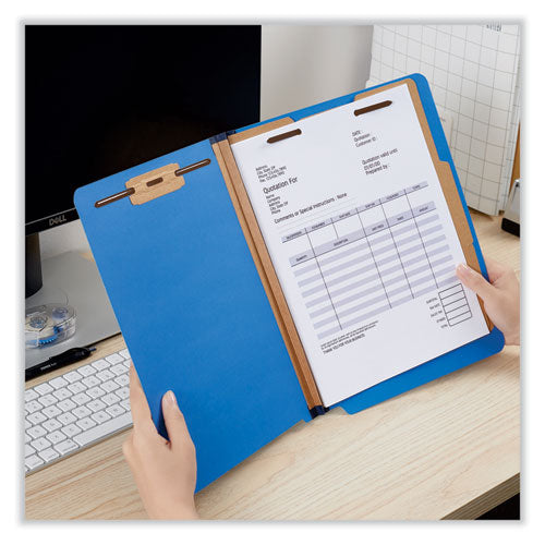 Image of Universal® Deluxe Six-Section Pressboard End Tab Classification Folders, 2 Dividers, 6 Fasteners, Letter Size, Cobalt Blue, 10/Box