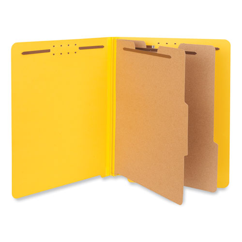Image of Universal® Deluxe Six-Section Pressboard End Tab Classification Folders, 2 Dividers, 6 Fasteners, Letter Size, Yellow, 10/Box