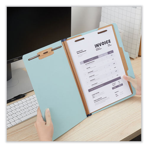 Image of Universal® Four-Section Pressboard Classification Folders, 1.75" Expansion, 1 Divider, 4 Fasteners, Letter Size, Light Blue, 20/Box