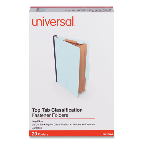 Image of Universal® Six-Section Classification Folders, Heavy-Duty Pressboard Cover, 2 Dividers, 6 Fasteners, Legal Size, Light Blue, 20/Box