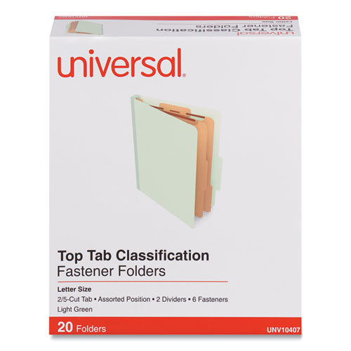 Image of Universal® Six-Section Classification Folders, Heavy-Duty Pressboard Cover, 2 Dividers, 6 Fasteners, Letter Size, Light Green, 20/Box