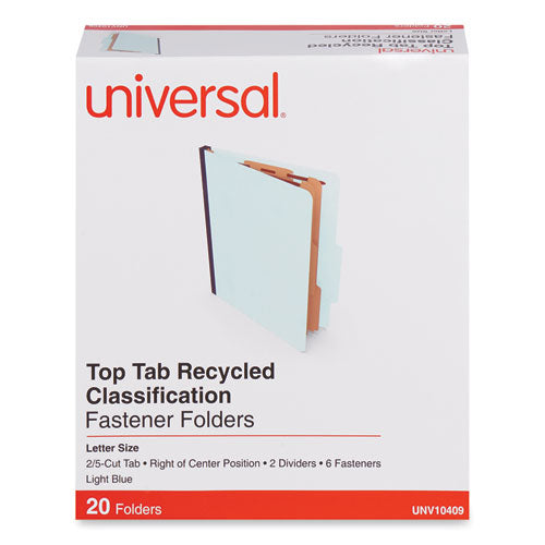 Image of Universal® Six-Section Classification Folders, Heavy-Duty Pressboard Cover, 2 Dividers, 6 Fasteners, Letter Size, Light Blue, 20/Box