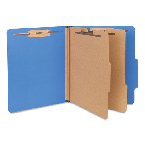 Image of Universal® Six-Section Pressboard Classification Folders, 2.5" Expansion, 2 Dividers, 6 Fasteners, Letter Size, Blue, 10/Box