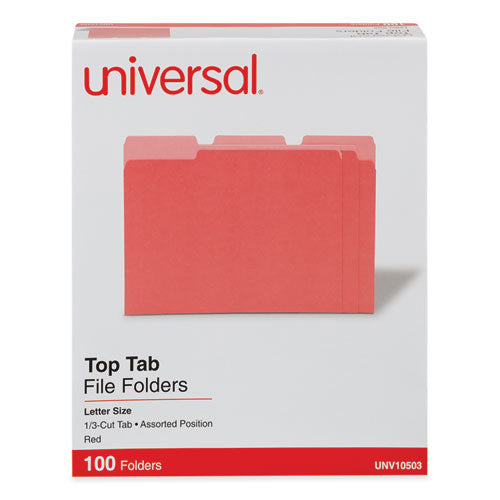 Image of Universal® Deluxe Colored Top Tab File Folders, 1/3-Cut Tabs: Assorted, Letter Size, Red/Light Red, 100/Box