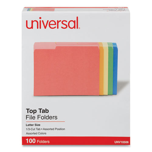 Image of Universal® Deluxe Colored Top Tab File Folders, 1/3-Cut Tabs: Assorted, Letter Size, Assorted Colors, 100/Box