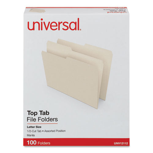Image of Universal® Top Tab File Folders, 1/2-Cut Tabs: Assorted, Letter Size, 0.75" Expansion, Manila, 100/Box