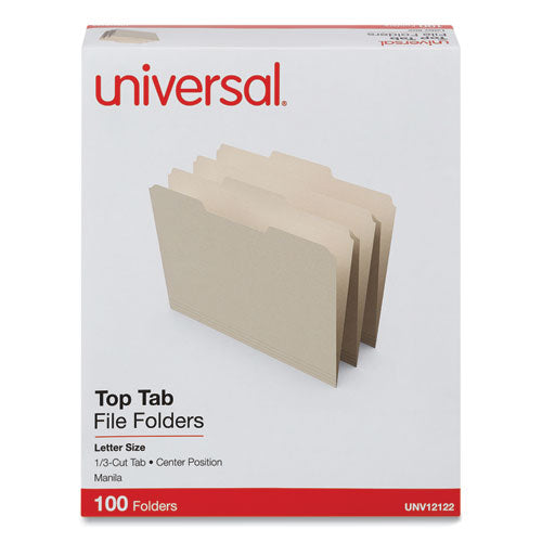 Image of Universal® Top Tab File Folders, 1/3-Cut Tabs: Center Position, Letter Size, 0.75" Expansion, Manila, 100/Box