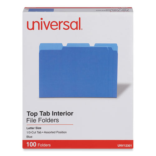 Image of Universal® Interior File Folders, 1/3-Cut Tabs: Assorted, Letter Size, 11-pt Stock, Blue, 100/Box