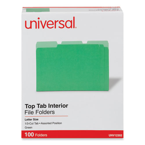 Image of Universal® Interior File Folders, 1/3-Cut Tabs: Assorted, Letter Size, 11-pt Stock, Green, 100/Box