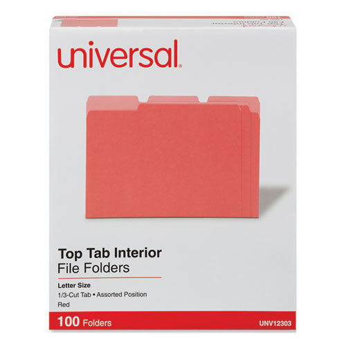 Image of Universal® Interior File Folders, 1/3-Cut Tabs: Assorted, Letter Size, 11-pt Stock, Red, 100/Box