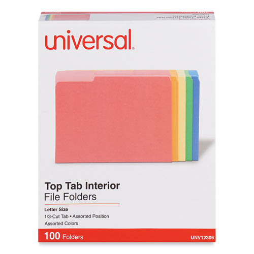 Image of Universal® Interior File Folders, 1/3-Cut Tabs: Assorted, Letter Size, 11-pt Stock, Assorted Colors, 100/Box