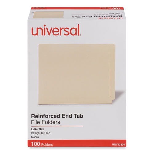 Image of Universal® Deluxe Reinforced End Tab Folders, Straight Tabs, Letter Size, 0.75" Expansion, Manila, 100/Box