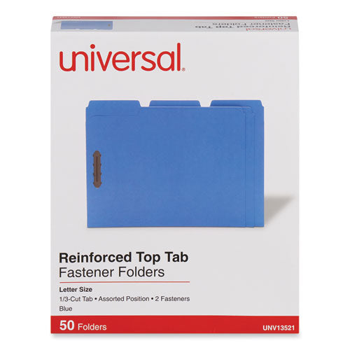 Image of Universal® Deluxe Reinforced Top Tab Fastener Folders, 0.75" Expansion, 2 Fasteners, Letter Size, Blue Exterior, 50/Box